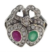 Victorian style gold and silver emerald, ruby and diamond heart design ring, with bow top