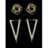 Pair of contemporary design triangular earrings and a pair of gold knot earrings, both hallmarked 9c