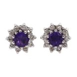 Pair of 9ct gold amethyst and diamond cluster stud earrings