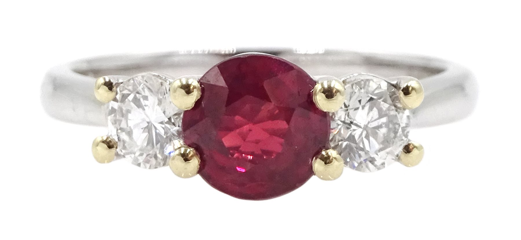 18ct white gold three stone ruby and diamond ring, hallmarked, ruby approx 0.95 carat