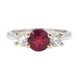 18ct white gold three stone ruby and diamond ring, hallmarked, ruby approx 0.95 carat