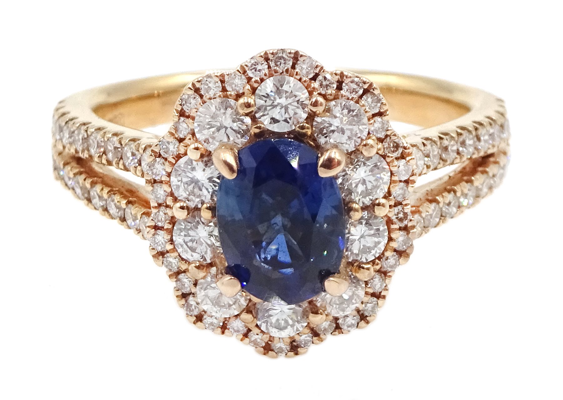 18ct rose gold oval sapphire and diamond cluster ring, with diamond set shoulders, hallmarked, sapph