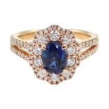 18ct rose gold oval sapphire and diamond cluster ring, with diamond set shoulders, hallmarked, sapph