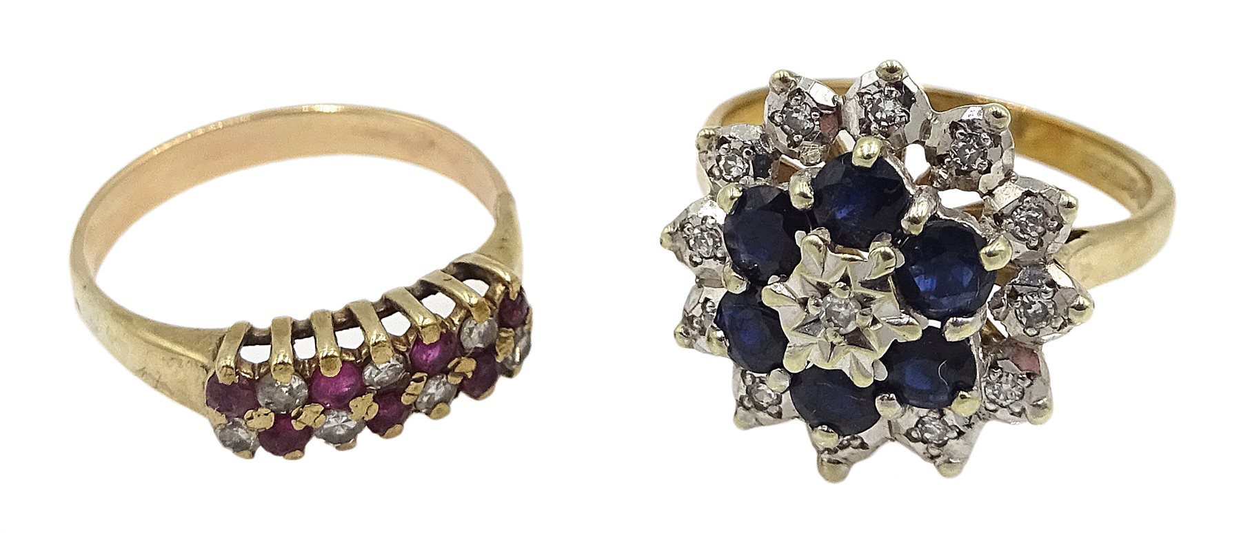 Gold two row diamond and ruby ring and a gold sapphire and diamond cluster ring, both 9ct tested or