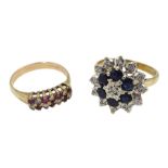 Gold two row diamond and ruby ring and a gold sapphire and diamond cluster ring, both 9ct tested or