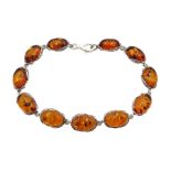 Silver oval Baltic amber link bracelet, stamped 925