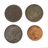 Three Queen Victoria pennies dated 1848, 1853 and 1854 and a Queen Victoria 1841 half penny coin