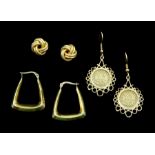 Three pairs of 9ct gold earrings, all stamped, one pair set with Esdados Unidos Mexicano coins
