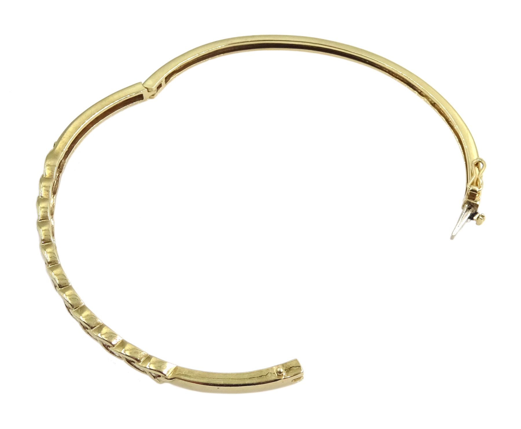 9ct gold diamond hinged bangle, twenty two round brilliant cut diamonds set in a weave design, stamp - Image 4 of 4