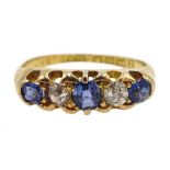 Victorian 18ct gold five stone sapphire and diamond ring, Birmingham 1899