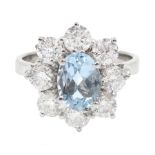 18ct white gold oval aquamarine and round brilliant cut diamond cluster ring, hallmarked, aquamarine