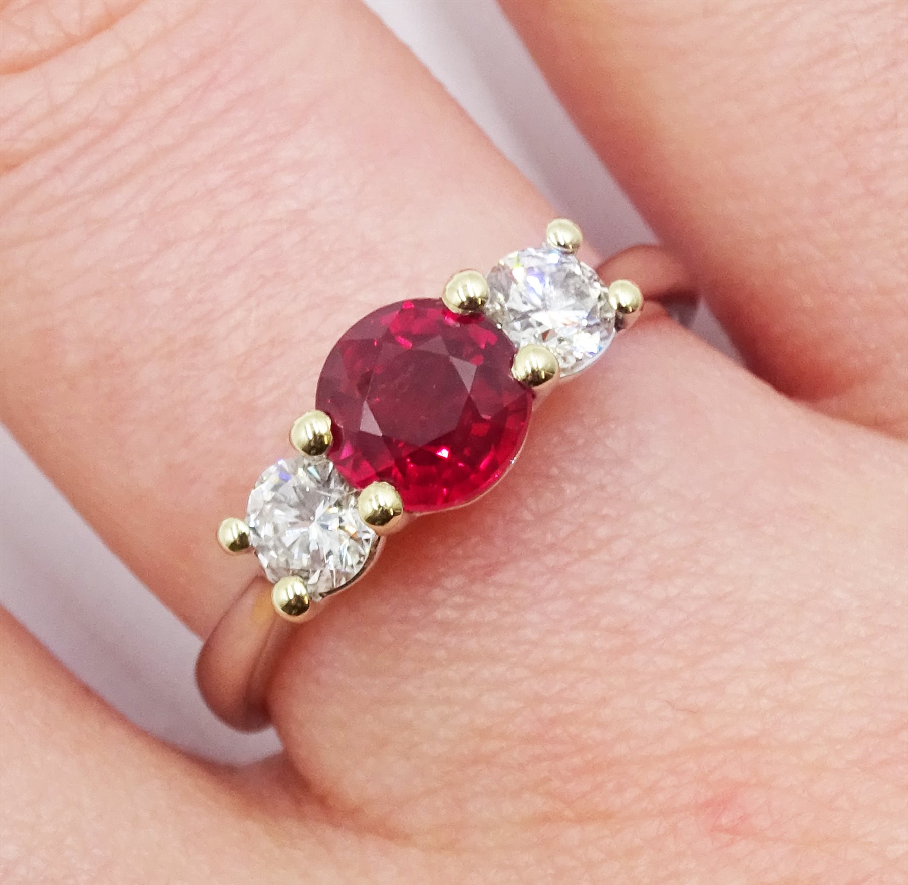18ct white gold three stone ruby and diamond ring, hallmarked, ruby approx 0.95 carat - Image 2 of 5