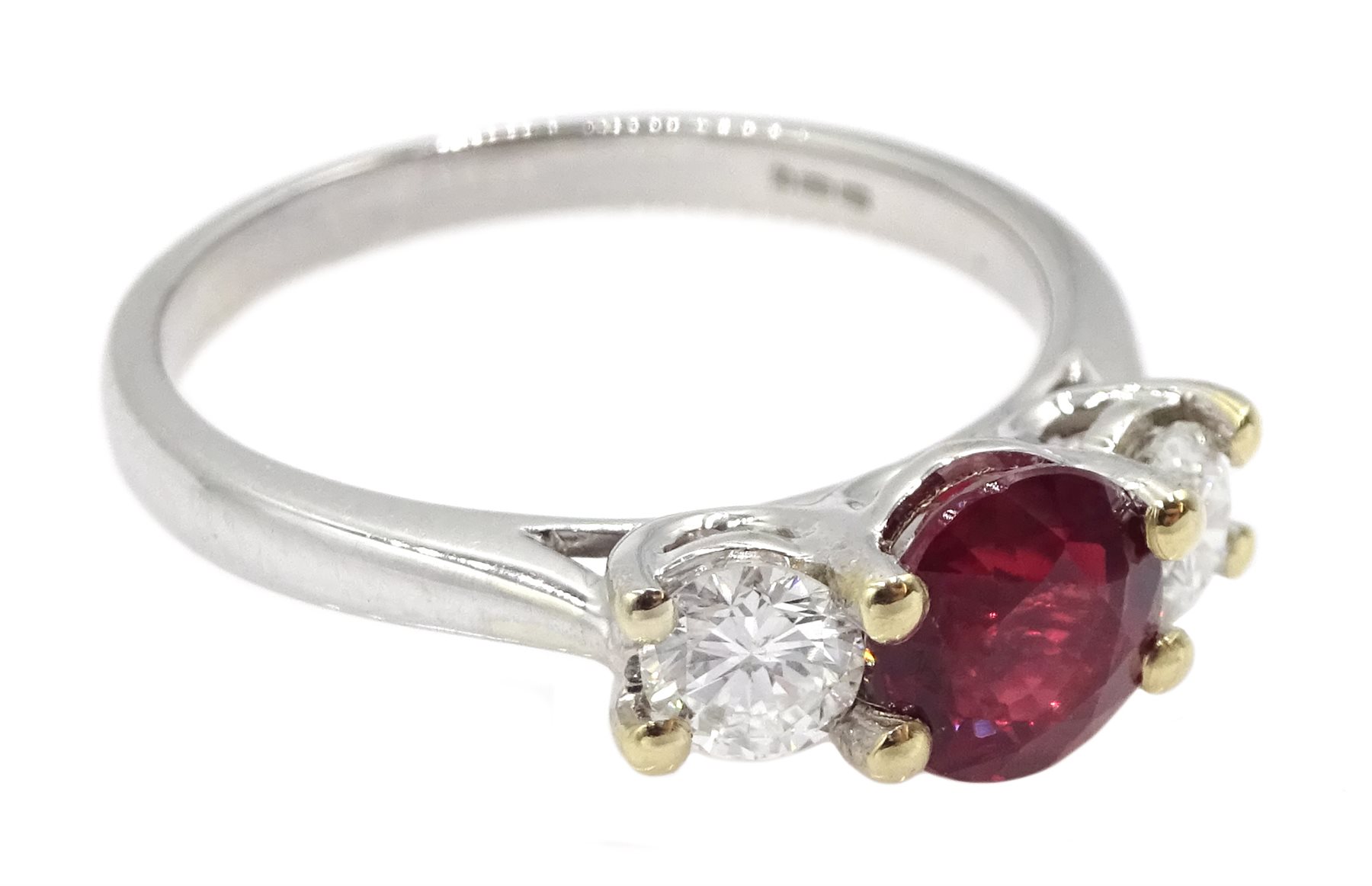 18ct white gold three stone ruby and diamond ring, hallmarked, ruby approx 0.95 carat - Image 3 of 5