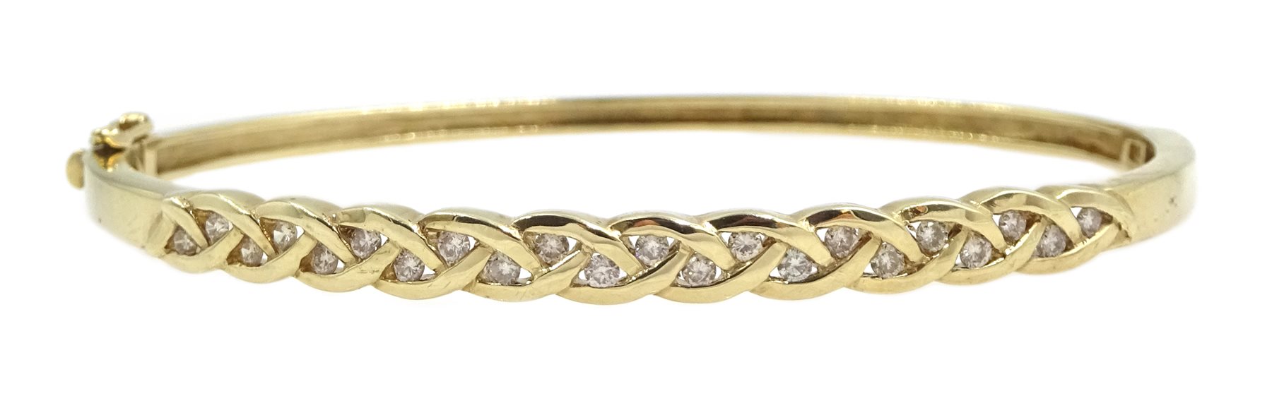 9ct gold diamond hinged bangle, twenty two round brilliant cut diamonds set in a weave design, stamp - Image 2 of 4