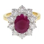 18ct gold ruby and diamond cluster ring, hallmarked, ruby approx 2.25 carat, total diamond weight ap