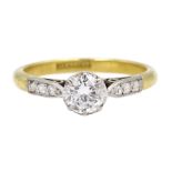 18ct gold single stone diamond ring, with diamond set shoulders, stamped 18 Plat, diamond approx 0.3