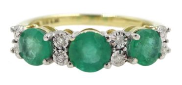 9ct gold round emerald and diamond ring, stamped 375, total emerald weight approx 1.30 carat