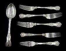 Three silver forks Kings Pattern by Chawner & Co, London 1859, two similar smaller silver forks and