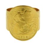 1910 Gold half sovereign on a gold band stamped 22ct