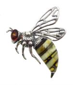 Silver Baltic amber bee brooch, stamped 925