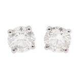 Pair of 18ct white gold round brilliant cut diamond stud earrings, stamped 750, total diamond weight