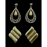 Pair of gold filigree design pendant earrings and one other pair of gold stud earrings, both hallmar