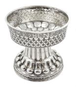 Silver Tudor Style pedestal bowl embossed, hammered & scaled decoration with inscription 'Benedict