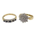 Gold diamond cluster ring and a sapphire and diamond ring, both hallmarked 9ct