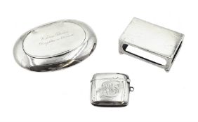 Silver oval shaped snuff box by Henry Williamson Ltd, Birmingham 1919, silver matchbox holder by Hor