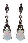 Pair of silver opal and marcasite pendant earrings, stamped 925