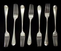 Five George III silver dinner forks, Old English pattern by Richard Crossley, London 1800 and two ot