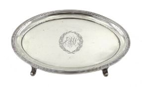 George III silver teapot stand, engraved initial decoration, on four raised reeded feet, by Peter, A