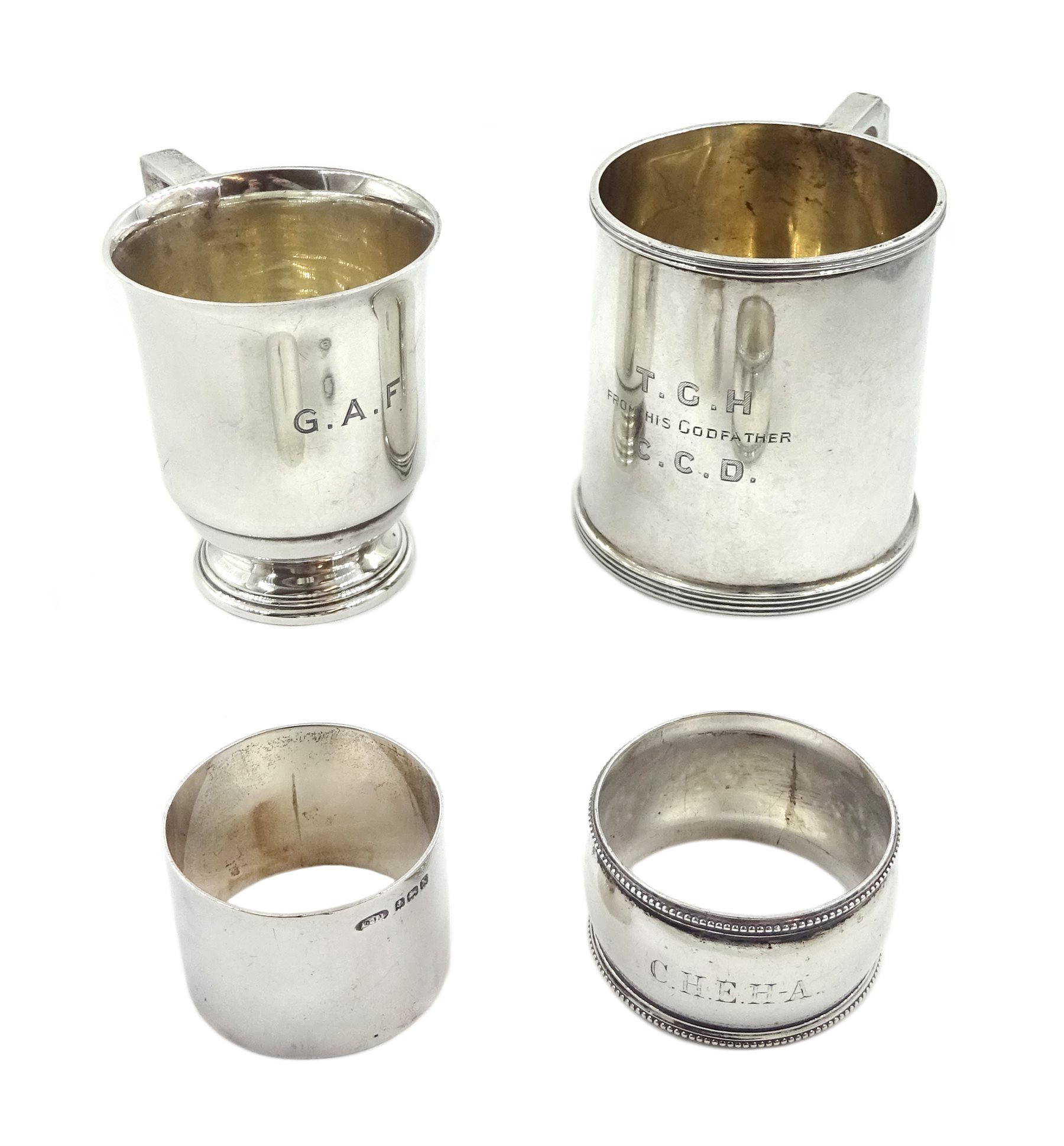 Silver christening mug by Adie Brothers Ltd, Birmingham 1931, smaller cup by Barker Brothers Silver