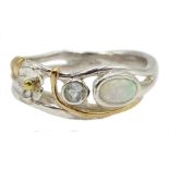 Silver opal and aquamarine open work design ring, stamped 925