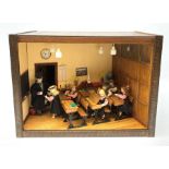 A 1/12th scale diorama of a school room interior, depicting pupils and teacher, the room furnished w