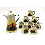 A Carlton Ware Art Deco style coffee set, decorated in the 'Manhatton Sunset' pattern, comprising co