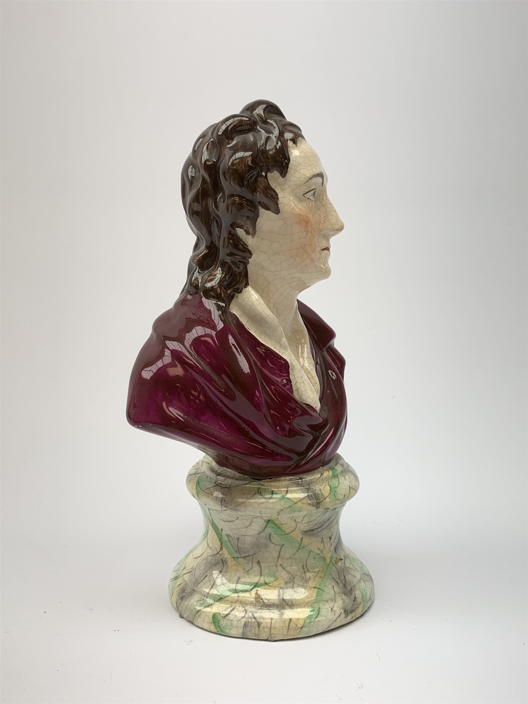 A 19th century Staffordshire pearlware bust, modelled as Philosopher John Locke, raised upon a paint - Image 2 of 7