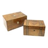 A Victorian walnut and parquetry inlaid tea caddy, with twin compartmented interior, L20.5cm, togeth