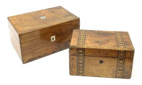 A Victorian walnut and parquetry inlaid tea caddy, with twin compartmented interior, L20.5cm, togeth