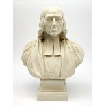 A Robinson and Leadbeater Parian Ware bust of John Wesley after Roubillac, H36cm.