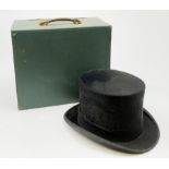 A Vintage black Dunn & Co London top hat, interior circumference measures approximately 58cm, with