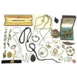 A collection of Vintage and later costume jewellery, to include a ladies Gucci wrist watch, a jet pe
