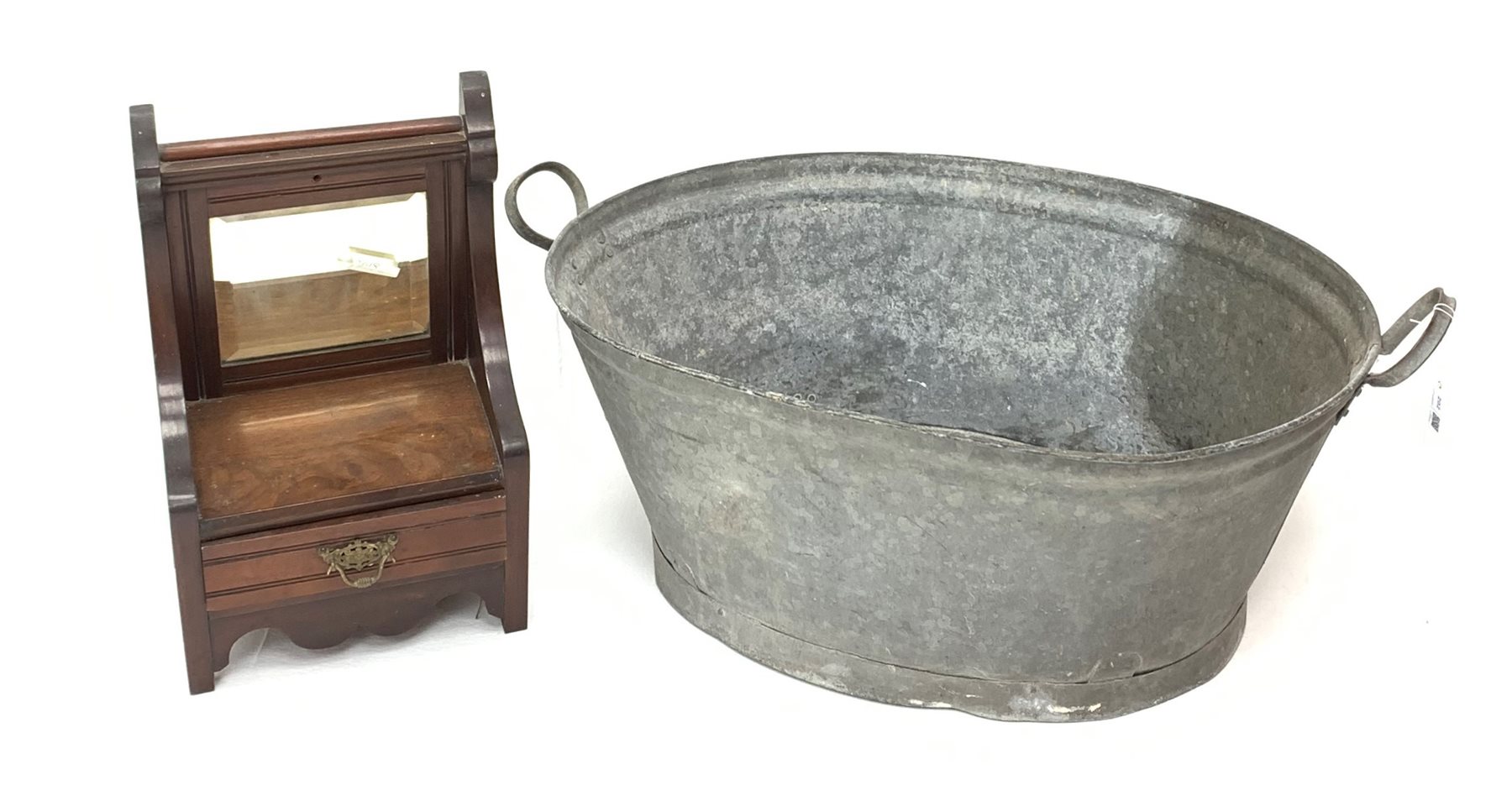 A Vintage galvanised wash tub, L75cm, together with an Edwardian walnut mirrored wall chest (formerl