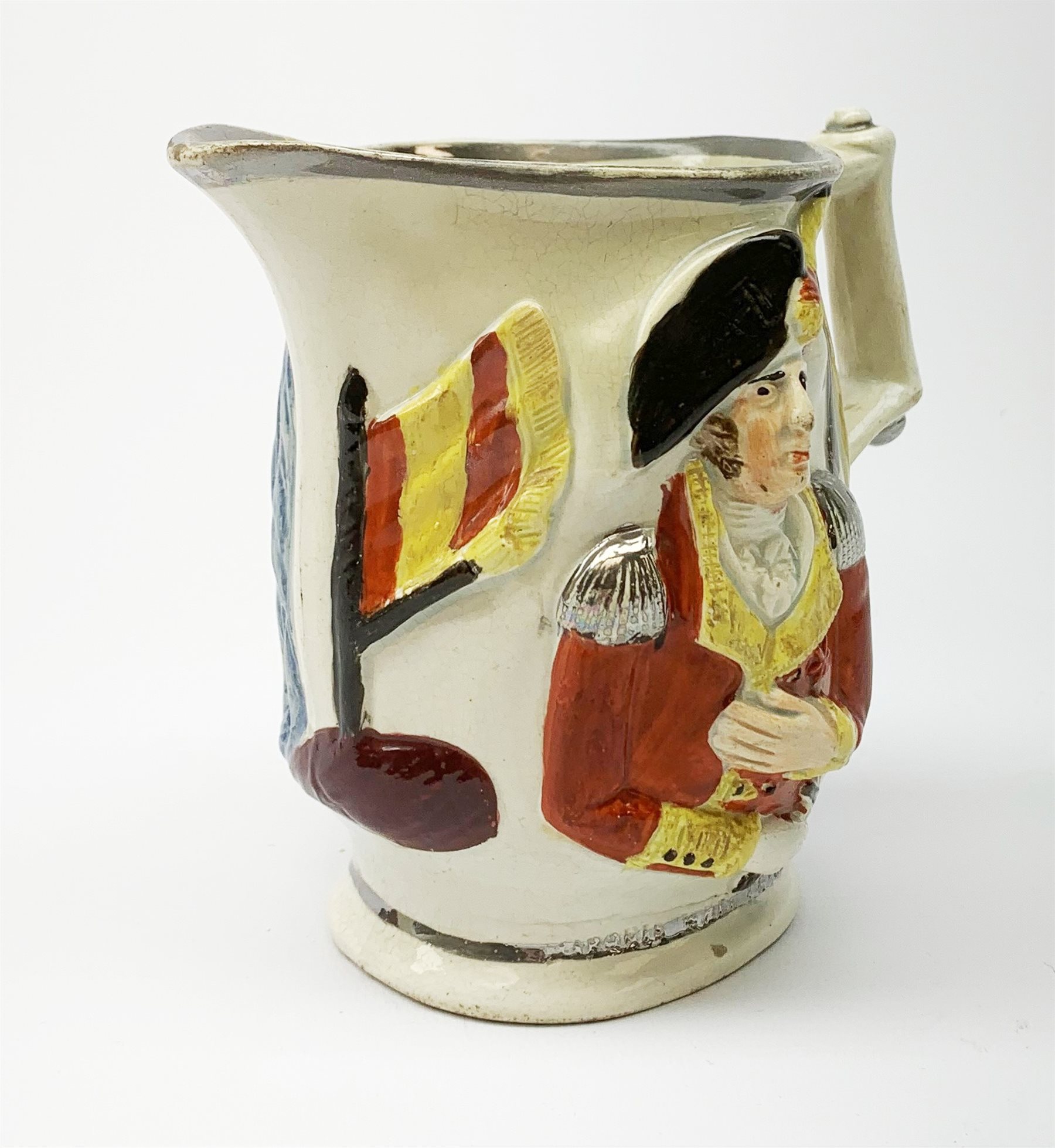 A 19th century Staffordshire pottery pearlware jug, modelled in relief with Lord Wellington and Gene - Image 2 of 9