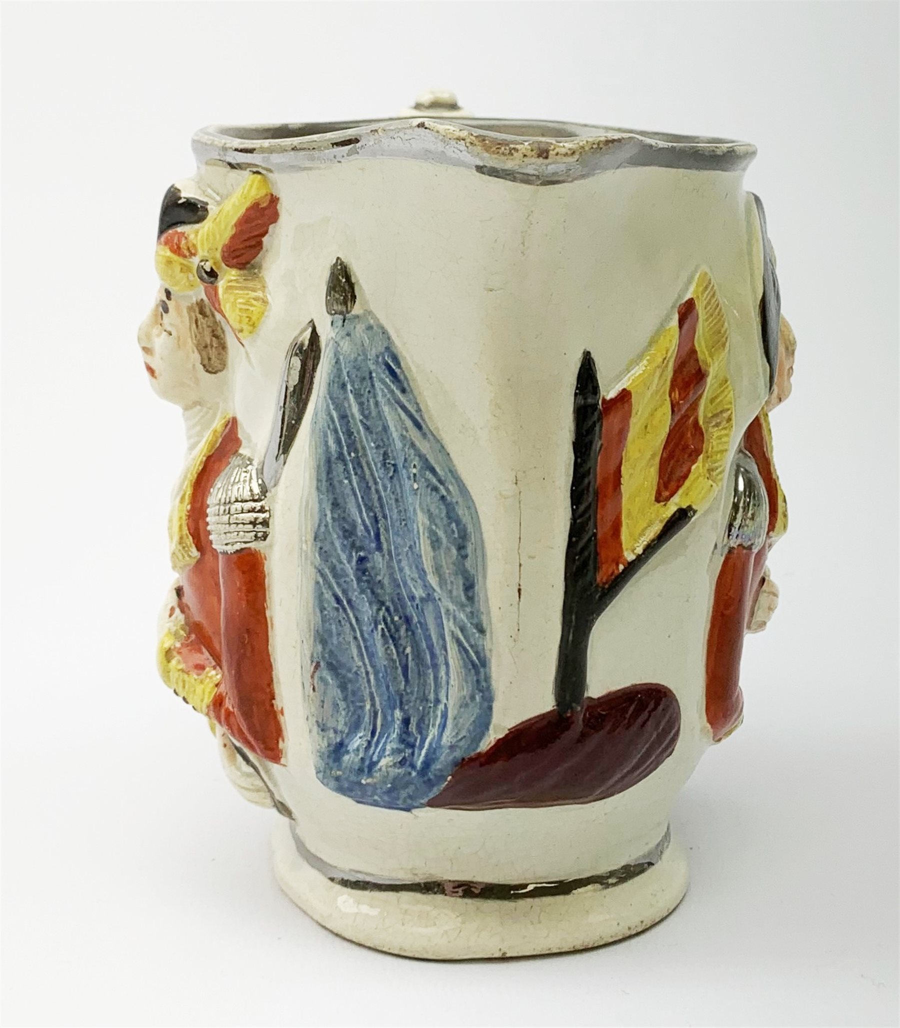 A 19th century Staffordshire pottery pearlware jug, modelled in relief with Lord Wellington and Gene - Image 3 of 9