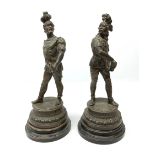 A pair of spelter figures, modelled as warriors, each upon circular stepped base, (a/f), tallest H39