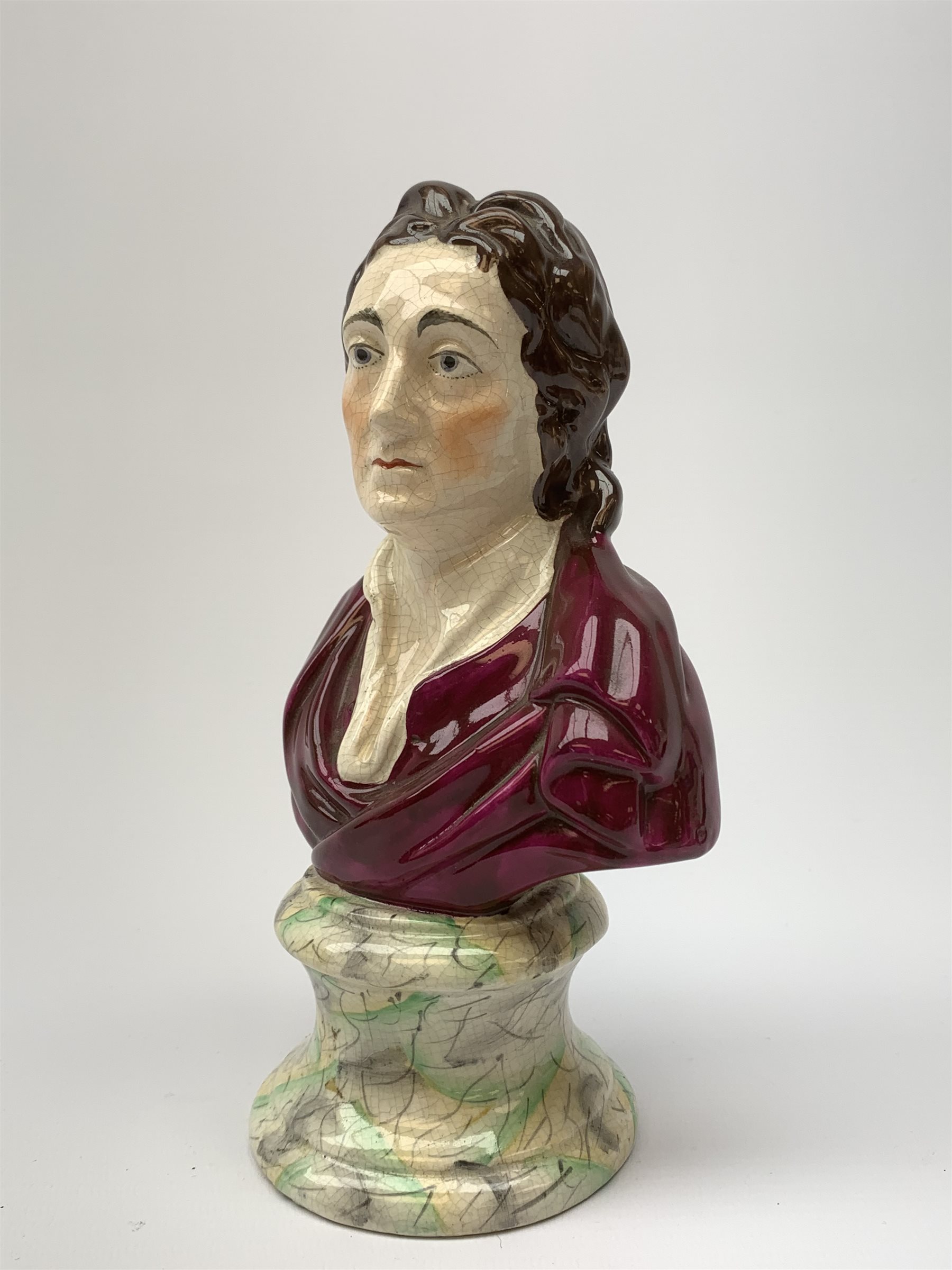 A 19th century Staffordshire pearlware bust, modelled as Philosopher John Locke, raised upon a paint - Image 5 of 7