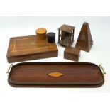 An Edwardian mahogany tray with twin brass handles and inlaid shell detail to centre, L54.5cm, a min