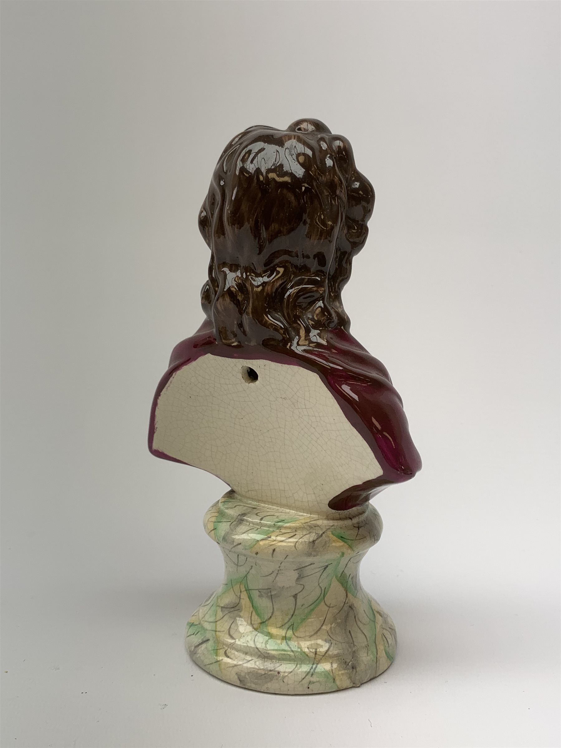 A 19th century Staffordshire pearlware bust, modelled as Philosopher John Locke, raised upon a paint - Image 3 of 7