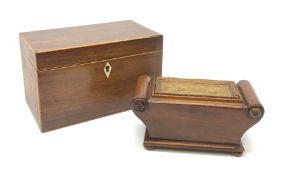 An early 19th century Regency style mahogany trinket box, of sarcophagus form with scroll ends and r
